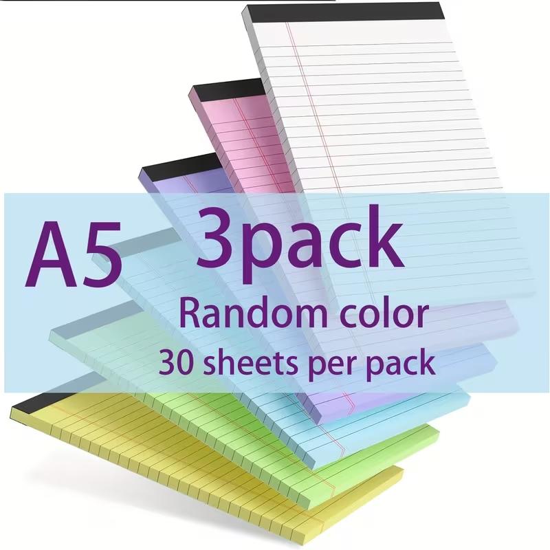 3-Pack Colorful Tear-Off Notebooks, 12.7x20.32cm, Large Grid, Writing Pad, Legal Notebook, 30 Pages Each, School & Office Supplies