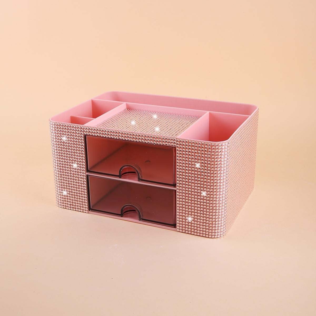 Diamond Embellished Storage Box with Drawer, Multi-Compartment Design, Makeup Brush Organizer, Cosmetic Holder, Bedroom Vanity Tray
