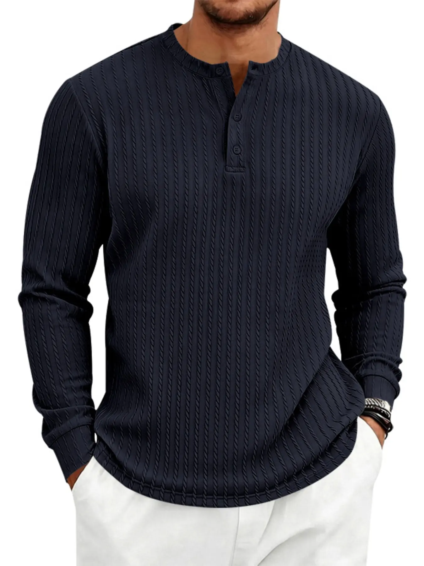 Men's Spring Fall Round Neck Button Front Long Sleeve Jacquard Sweatshirt, Regular Fit, Casual Daily Wear, Men's Clothing, Casual Style Sweatshirt