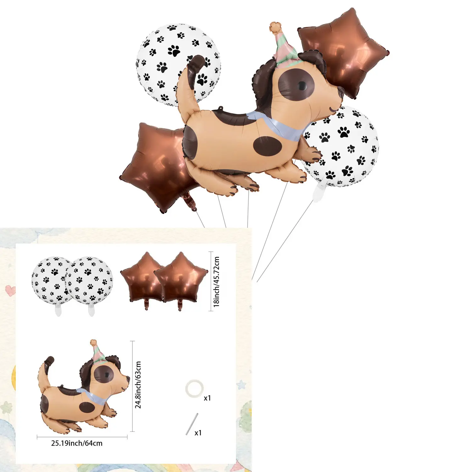 7-Piece Pet Theme Birthday Party Balloon Set, Star, Dog Paw Ballon, 4 Styles, Party Hat, Celebratory Atmosphere, Pet Lover Event Decor