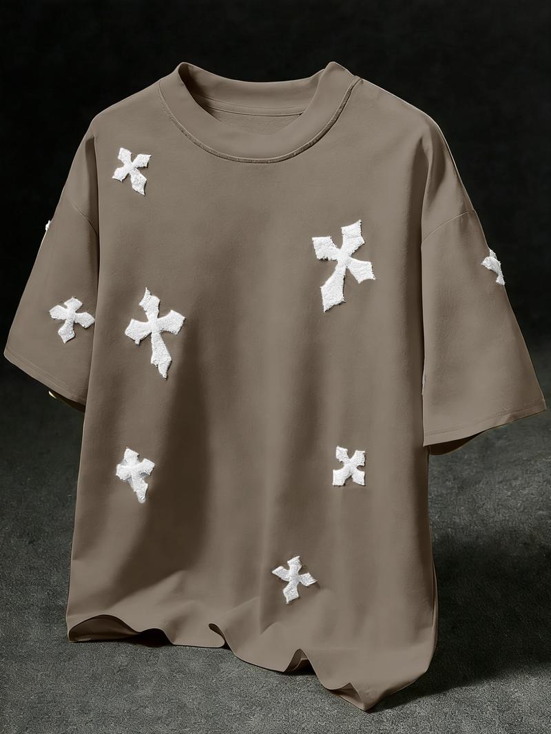 Men's Cross Stitch Embroidered Solid Color Round Neck T-Shirt, Casual Fitted Long Sleeve Top for All Seasons, Sporty College Style