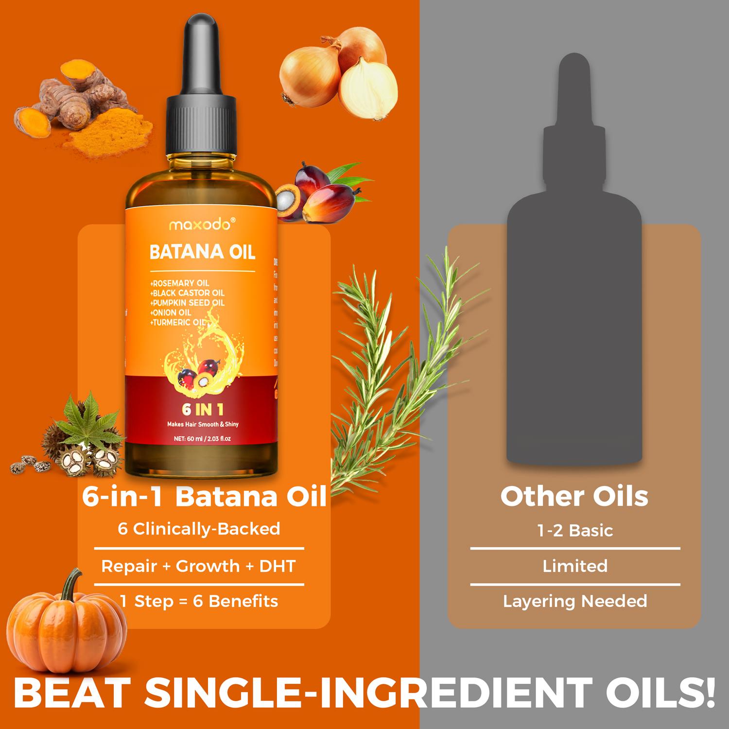 Maxodo Six in One Long Essential Oil - 100% Pure Rosemary Castor Pumpkin Seed & Batana Oils for Scalp Hair Health Moisturizing Vegan Organic Haircare Plant Conditioner Daily Jojoba Repair Moisture Cleansing Storage Turmeric Repairing Christmas Gifts Nouri