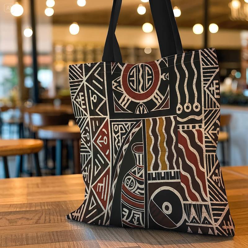Vintage African Art Geometric Pattern Canvas Bag, Teen Shopping Bag, Durable, Suitable for Daily Use and Beach, Spacious Design, Classic Style