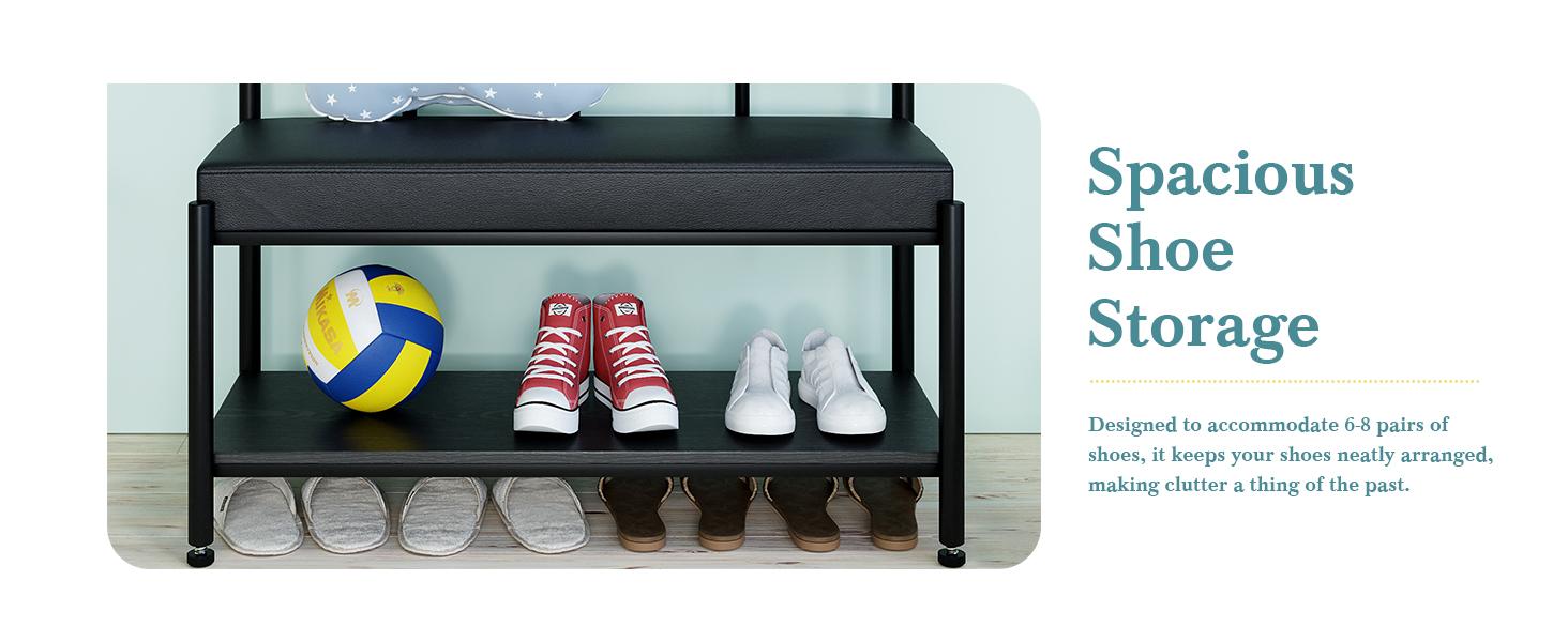 HOOMIC Coat Rack Shoe Bench/Entryway Hall Tree with Shoe Storage/Freestanding Coat Hanger Organizer with 5 Hooks & Faux Leather Seat Cushion/Industrial Accent Furniture with Metal Frame,No Box Spring Needed