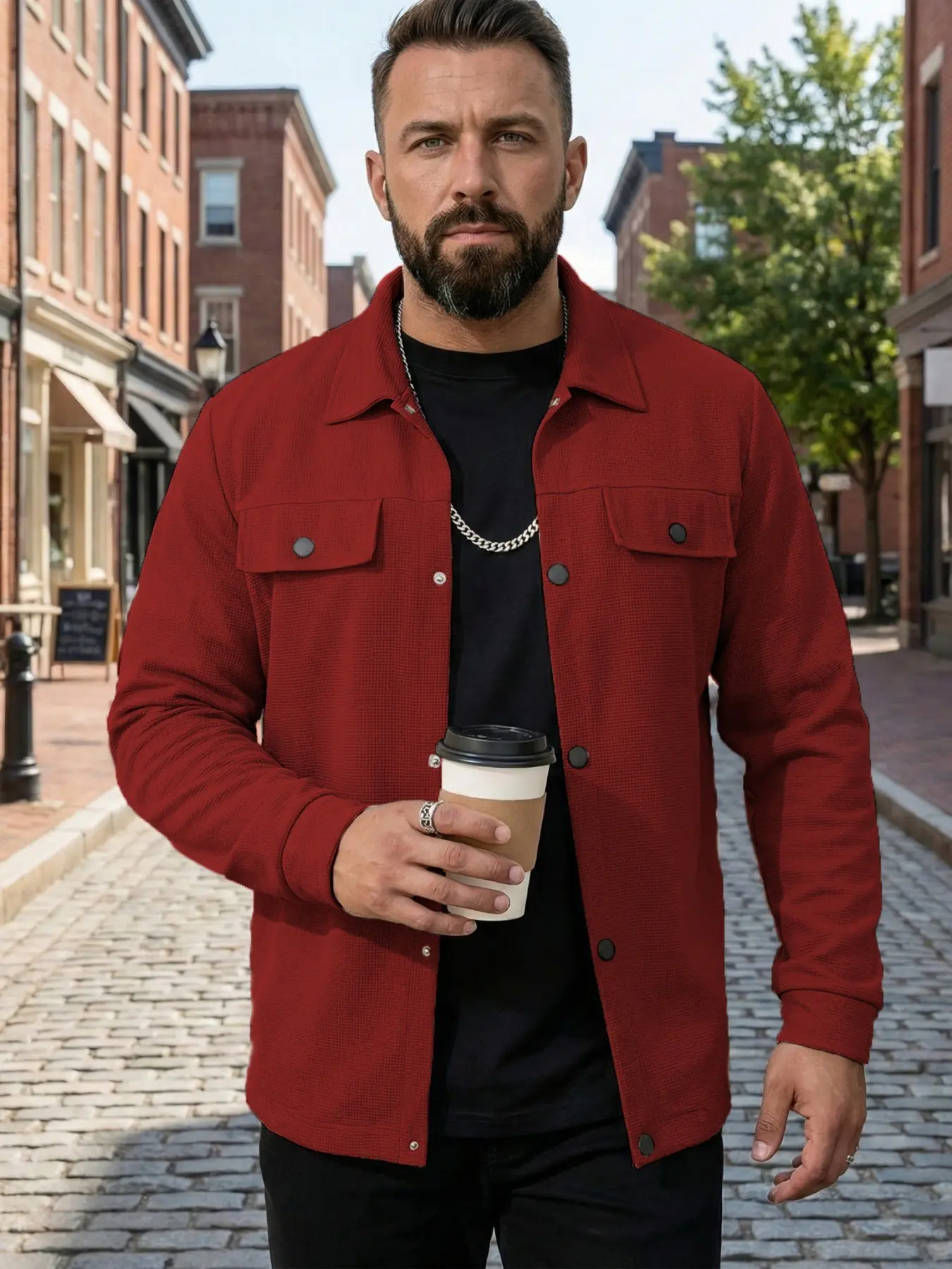 Men's Waffle Knit Button Down Shirt Jacket, Long Sleeve Lapel Collar Shacket with Chest Pockets, Casual Lightweight Overshirt for Daily Street Wear