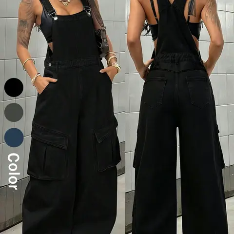 Women's Washed Denim Workwear, Adjustable Straps, High Waist, Loose Fit, Multiple Colors, Street Style, All Seasons, Casual Fashion Jumpsuit