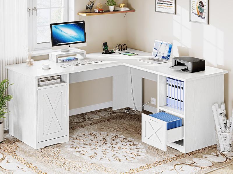 DWVO L Shaped Desk with Power Outlets, 60 Inch Computer Desk Corner Desk with File Drawer, Home Office Desk with Monitor Stand & Storage Shelves, L-Shaped Desk with File Cabinet DWVO L Shaped Desk with Power Outlets, 60 Inch Computer Desk Corner Desk with File Drawer, Home Office Desk with Monitor Stand & Storage Shelves, L-Shaped Desk with File Cabinet