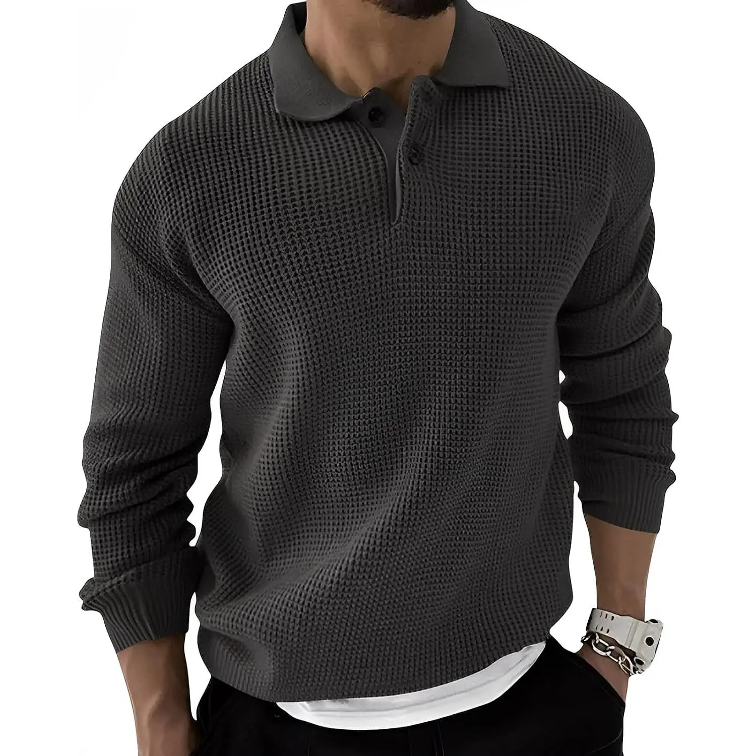 Mens Collar Pullovers Sweater Cable Knitted Winter Fashion Buttons Thermal Sweaters