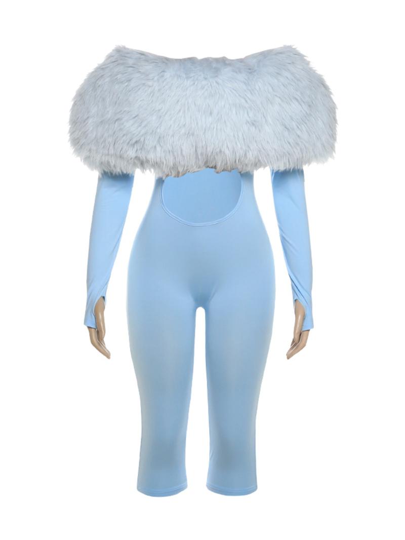 Women's Fall Fashion Streetwear Plush Patchwork Bodycon Crop Jumpsuit, Trendy Casual One-Piece for Daily Wear