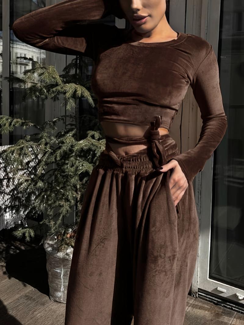 Autumn Winter Casual Knit Elastic Velvet Silk Round Neck Top Pocket Long Pants Home Wear Loungewear Two-Piece Set