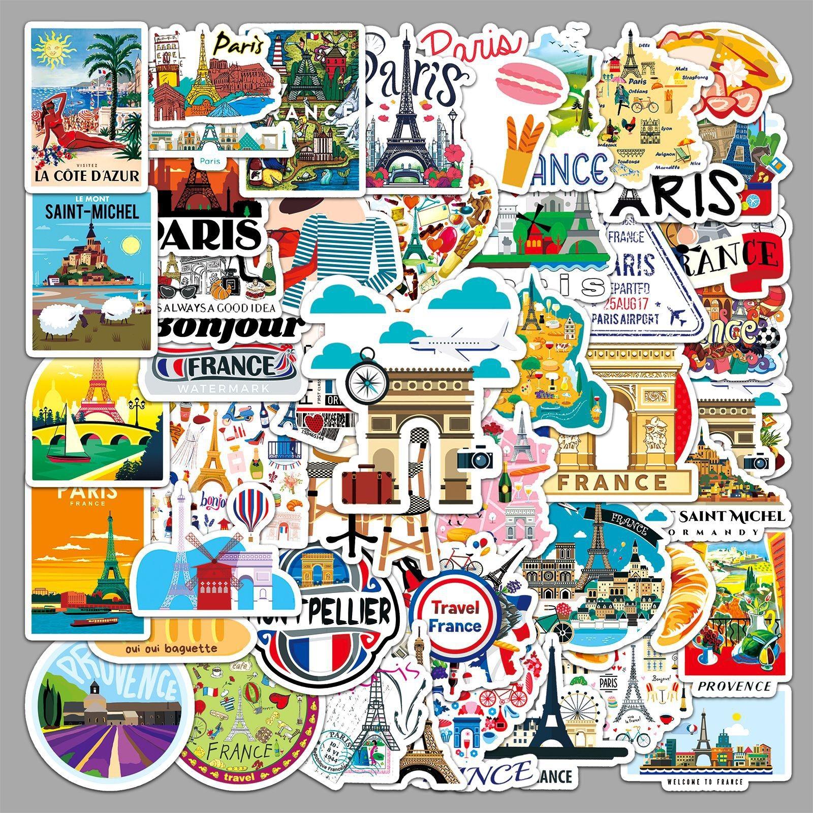 50pcs France Travel Stickers, Paris Landmark Waterproof Vinyl Decals, French City Travel Stickers for Laptop, Water Bottle, Luggage, Europe Travel Gift Pack
