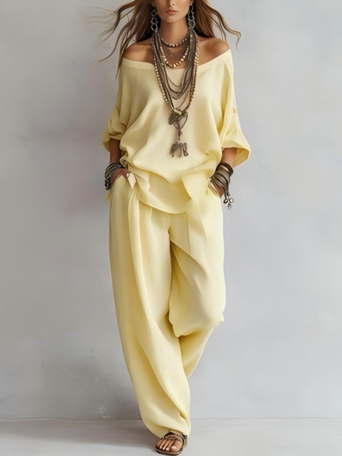 Women's Summer Solid 3/4 Sleeve Tops & Wide Leg Pants Set, Casual Loose Simple Fashion Outfit, Daily Holiday Travel Two Piece Set Women's Summer Solid 3/4 Sleeve Tops & Wide Leg Pants Set, Casual Loose Simple Fashion Outfit, Daily Holiday Travel Two Piece Set
