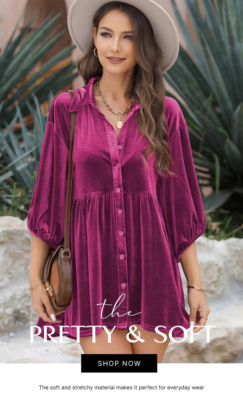 Asvivid Women Fall Fashion 3/4 Sleeve Button Front Velvet Tunic Babydoll Top | Perfect for Party Holiday Season