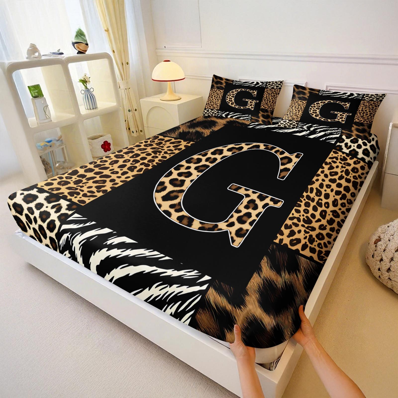 3Pcs Trendy Wild Leopard Zebra Patchwork Letter A-Z Fitted Sheet Set No Fillers, Animal Print Bed Sheet Set, Stylish Modern Bedding Set with Pillowcases, Deep Pocket Bedding for Women Girls Bedroom Decor