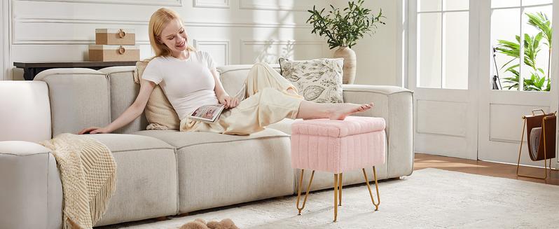 Vanity Stool Chair with Storage, Ottoman Faux Fur Soft Padded Makeup Footstools Seat with 4 Metal Legs Anti-Slip Adjustable Feet Modern Cute Small Footrest for Home Entryway Bedroom