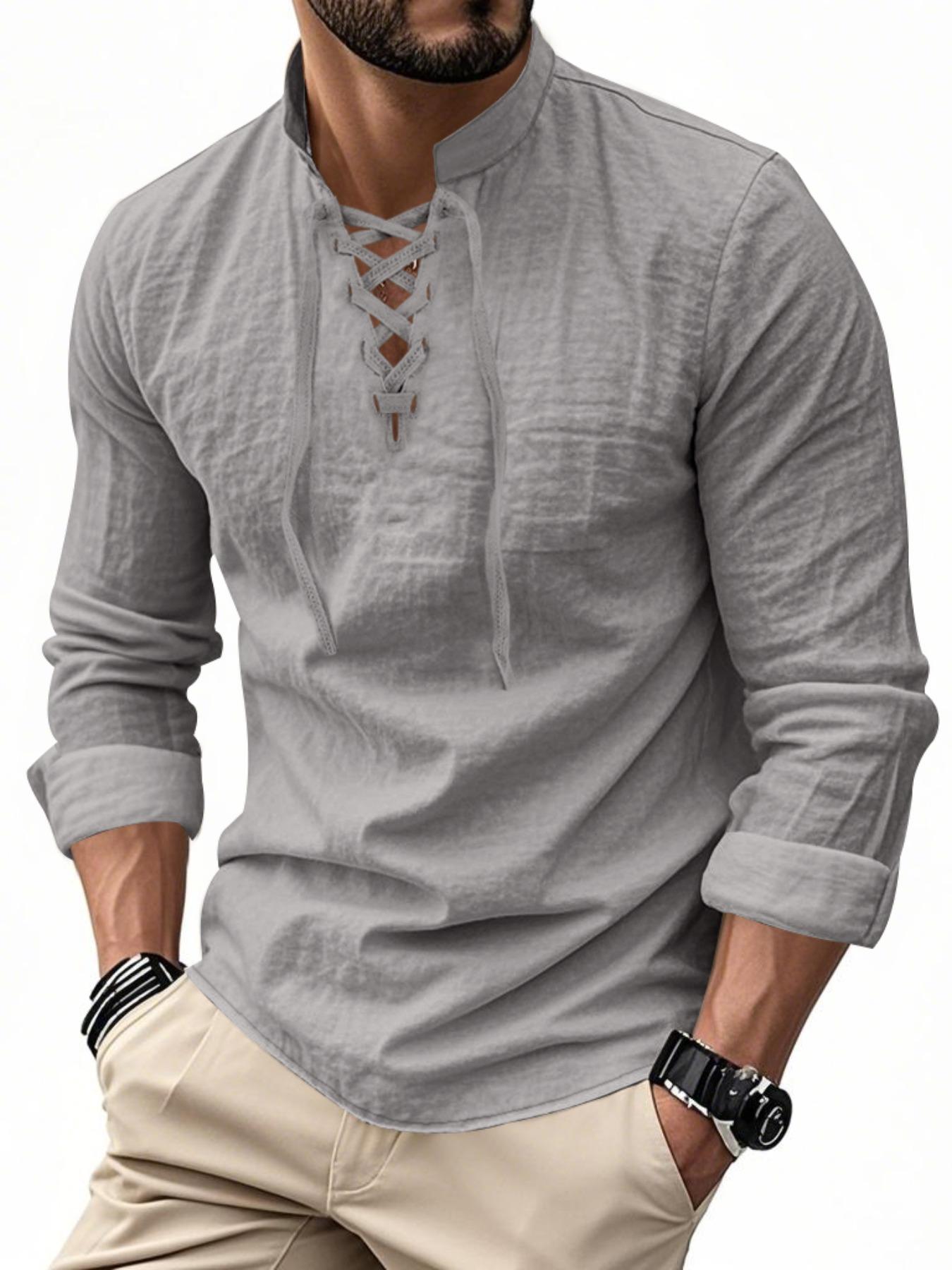 Men's Lightweight Breathable Linen Shirt, Drawstring Collar, Unique Design, Casual Plain Long Sleeve Polo, Perfect for Daily Commute Spring Fall Men's Clothing Men's Lightweight Breathable Linen Shirt, Drawstring Collar, Unique Design, Casual Plain Long Sleeve Polo, Perfect for Daily Commute Spring Fall Men's Clothing