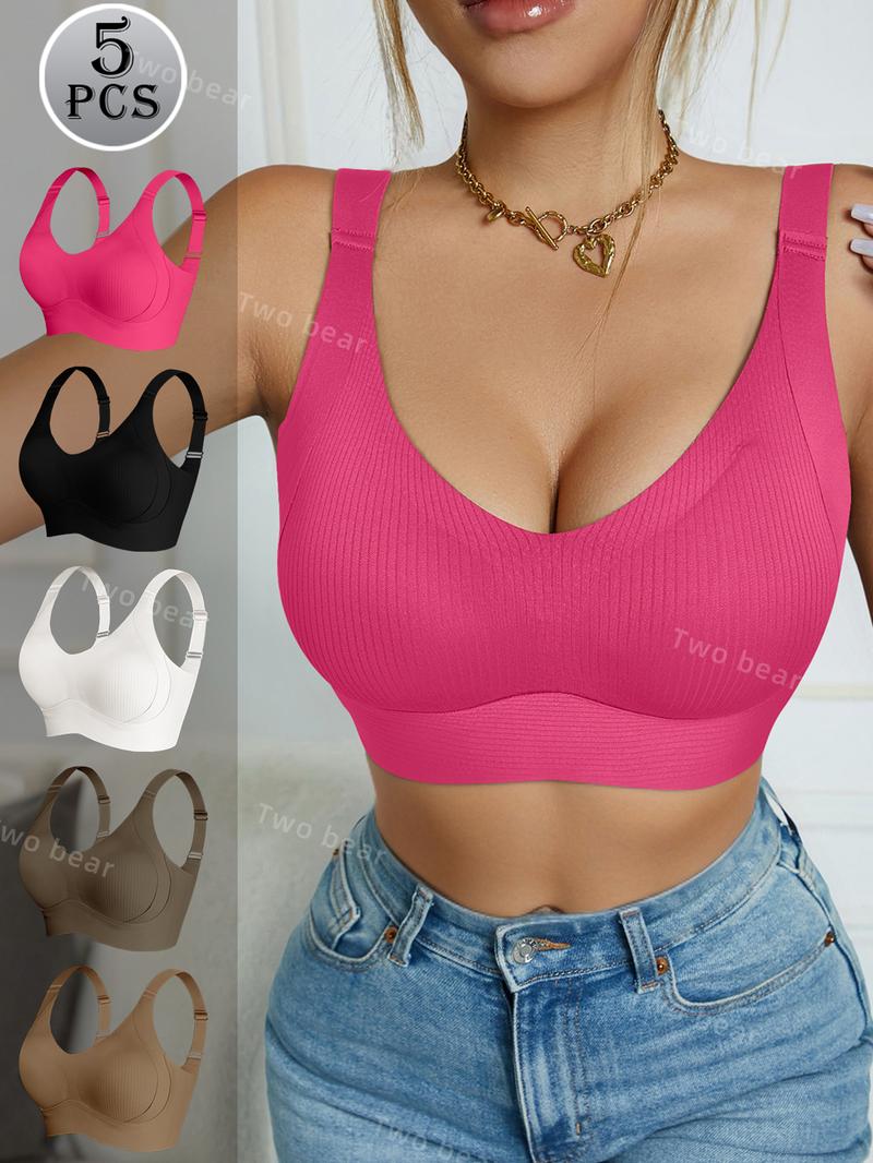 [7/5/4/3Pcs]Women's Solid Four-breastedAdjustable Wireless Bra,Curvy SoftComfortable BreathableRibbed PushUp Seamless Bra,Women's Lingerie forAll Seasons,Womenswear