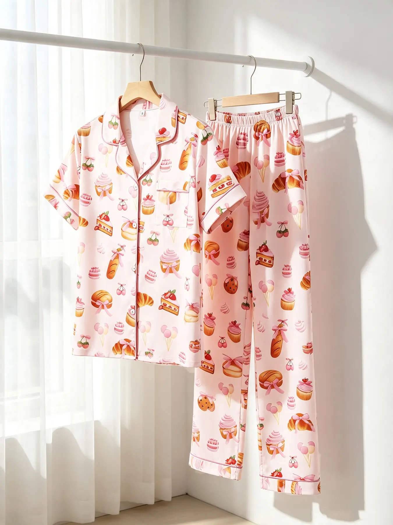 Sweet Cupcake Print Pajama Set For Women, Short‑Sleeve Cardigan Top, Long Trousers, All‑season Wearable, Korean Kawaii Aesthetic Loungewear, Gentle Indoor‑only Outfit