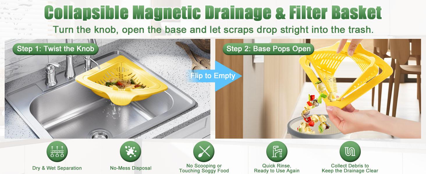 2Pcs Magnetic Triangular Sink Drain Basket, Punch-Free Corner Drain Strainer with Twist-Open Bottom, Space-Saving Kitchen Sink Organizer