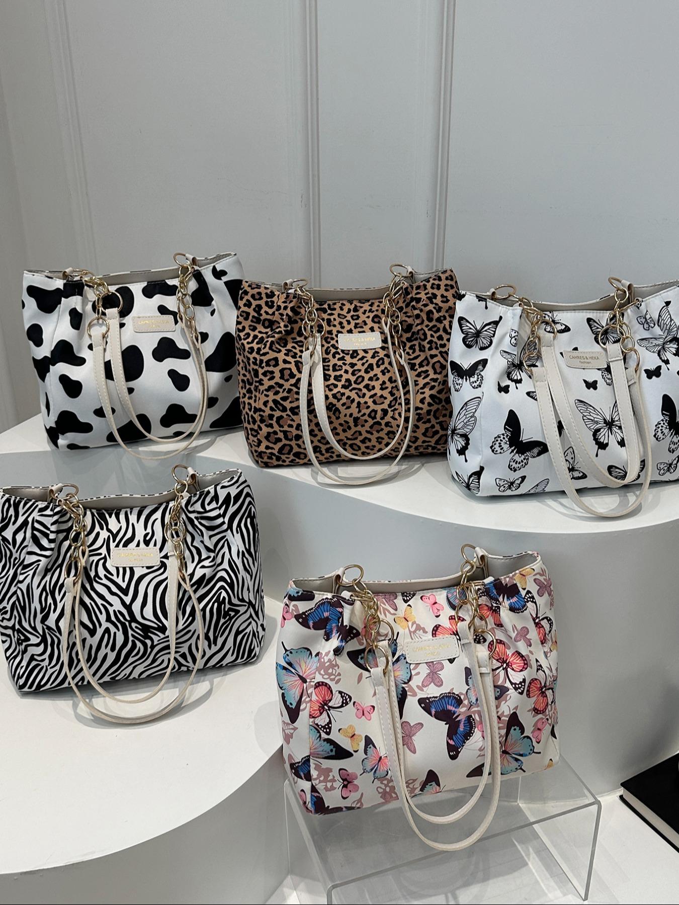 Women's Fashion Striped Handbag, Large Capacity Shoulder Bag with Metal Chain Strap, Waterproof Nylon Material, Ideal for Daily Use, Fashionable Patterned Bag