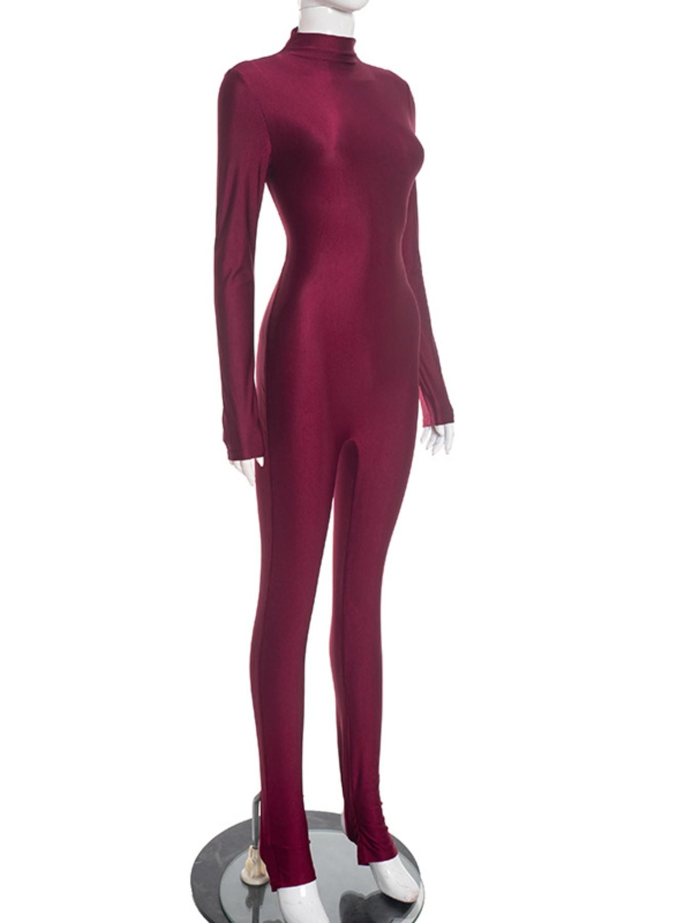 Women's Shiny Satin High-Neck Footed Jumpsuit, Long Sleeve Fitted Bodycon Jumpsuit, Nightclub Streetwear Sexy