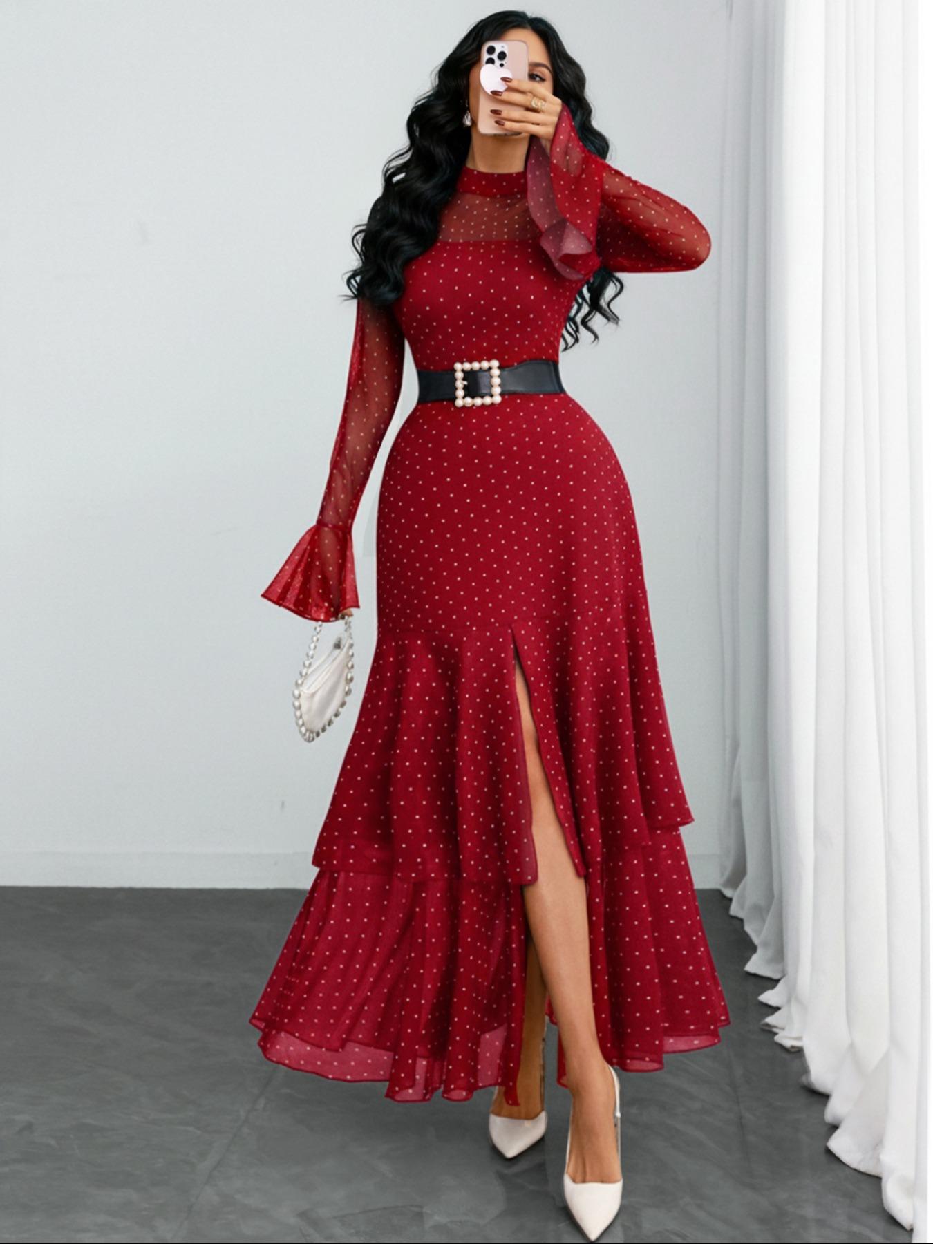 Women's Romantic Polka Dot Split Mesh Patchwork Layered Elegant Flared Skirt Dress, Fitted Style, All Seasons, No Waistband Included