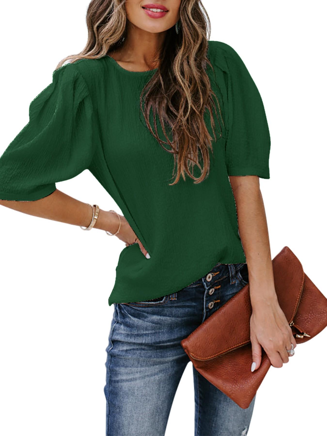 French Bubble Sleeve Solid Color T-Shirt for Women, Summer Simple Round Neck Short Sleeve Top, European and American Style Casual Basic Shirt