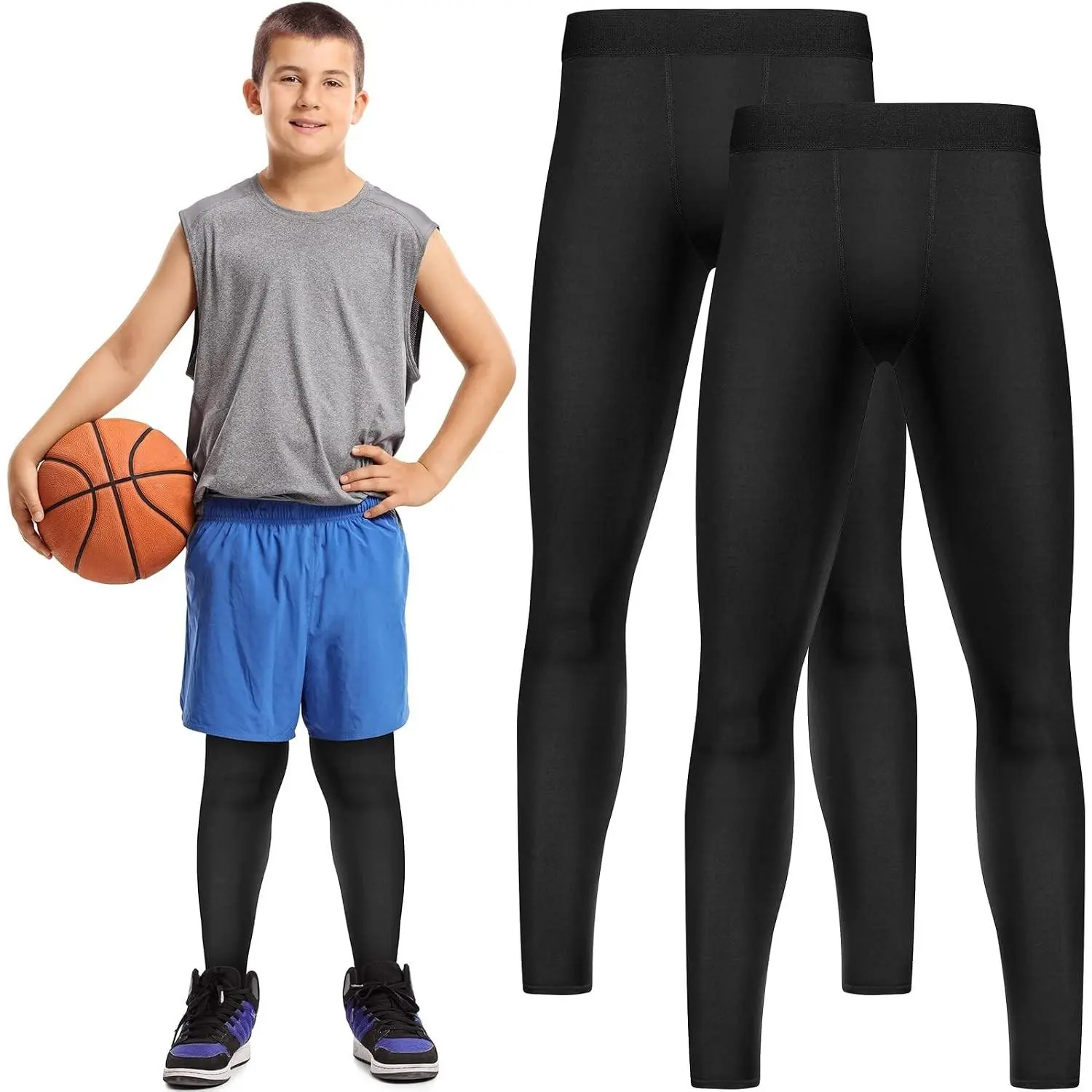 Boys' Compression Leggings 2 Pack Youth Athletic Tights for Basketball Running & Sports(Gift)