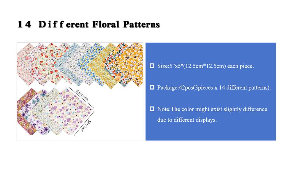 100% Cotton Quilting Squares 5''x5'' Floral Print Precut Bundles Packs for Quilting 5 inch Clearance for Pathwork(Fresh Style)