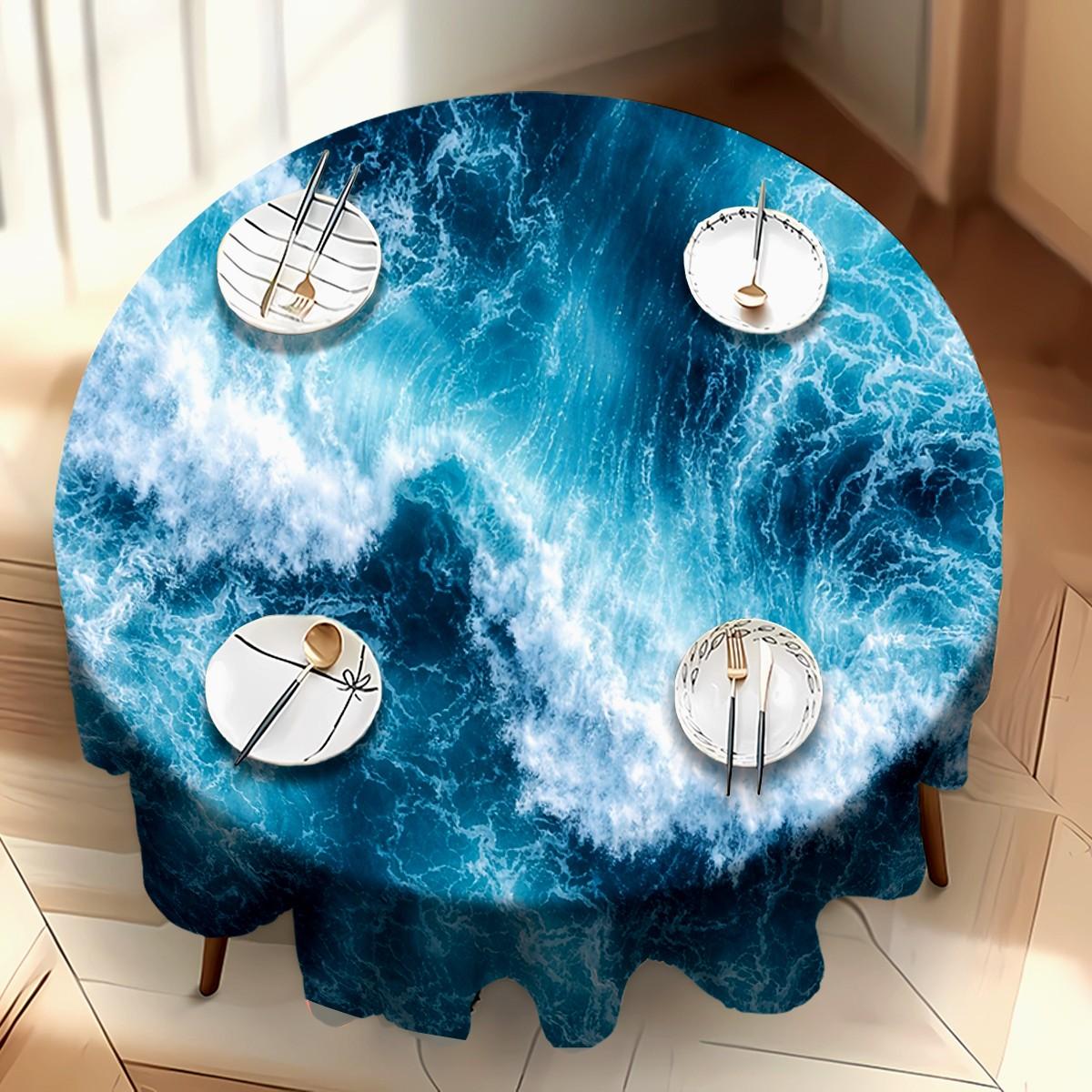 Blue Ocean Wave Rectangular Tablecloth, Thick Polyester, Machine-Made, Durable & Stylish, Party Decor, Coastal Aesthetic, Easycare Fabric