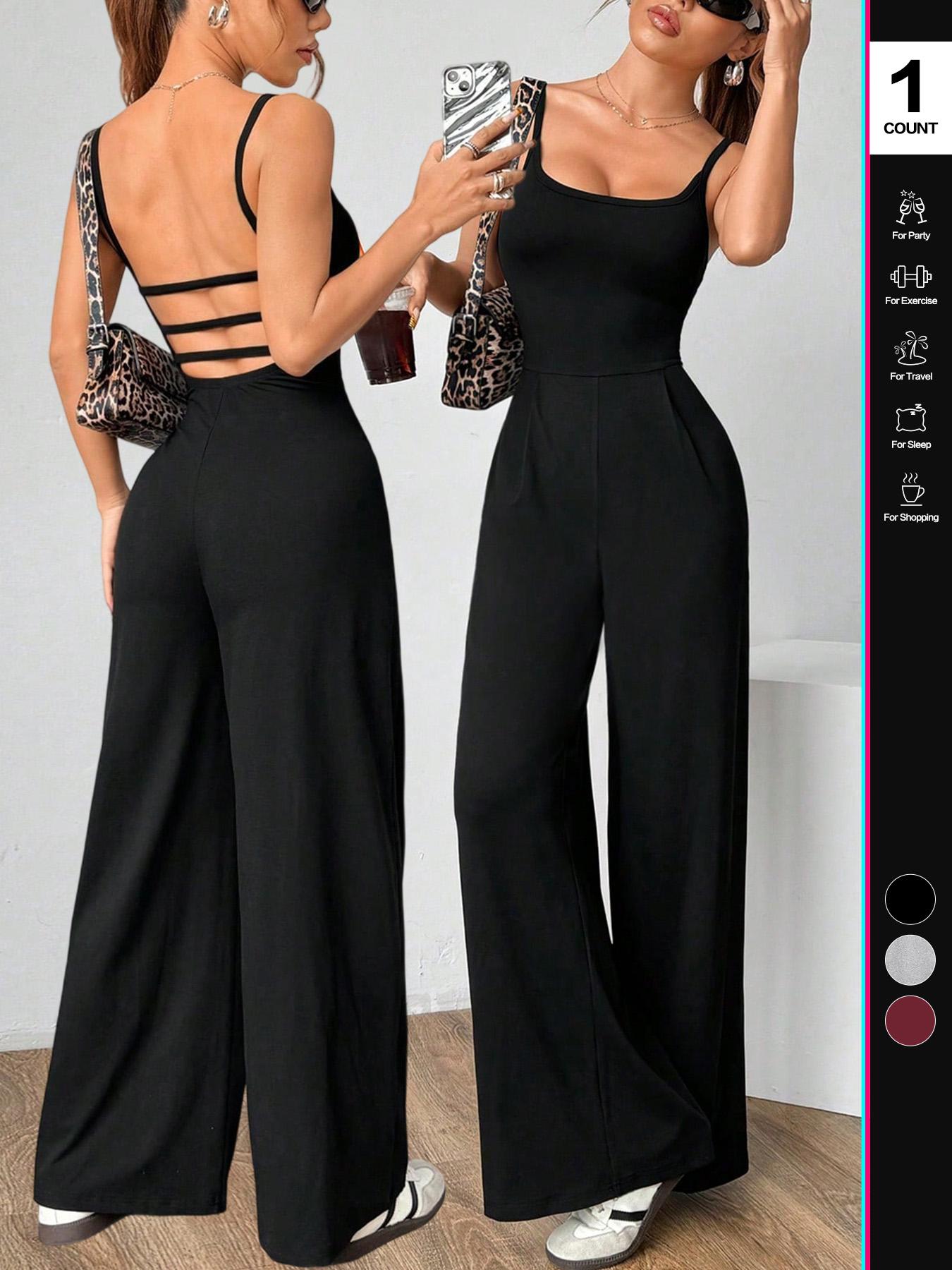 2026 Women's Solid Backless Fitted Plicated Camijumpsuit, Sleeveless Spaghetti Strap Square Neck, Sexy Wide Leg Jumpsuit for All Seasons