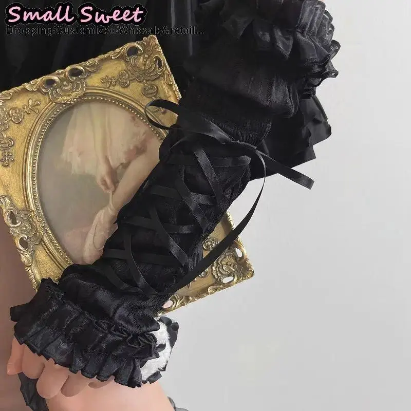 Ballet Goths Women‘s Y2K Girl Summer Lolita JK Bie Bow Sleeve Cover Half Finger Yarn Arm Warmers Wrist Cuffs Lace Ruffled Gloves