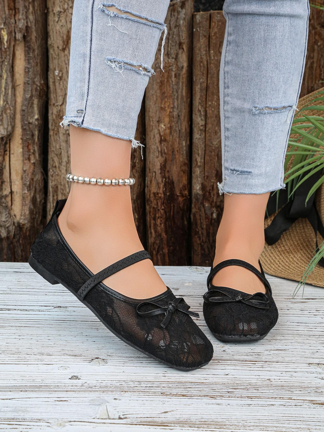 2026 Summer New Lace Mary Jane Shoes for Women, Round Toe Bowknot Low Heel Soft Sole Flat Shoes, Perfect for Shopping and Dating