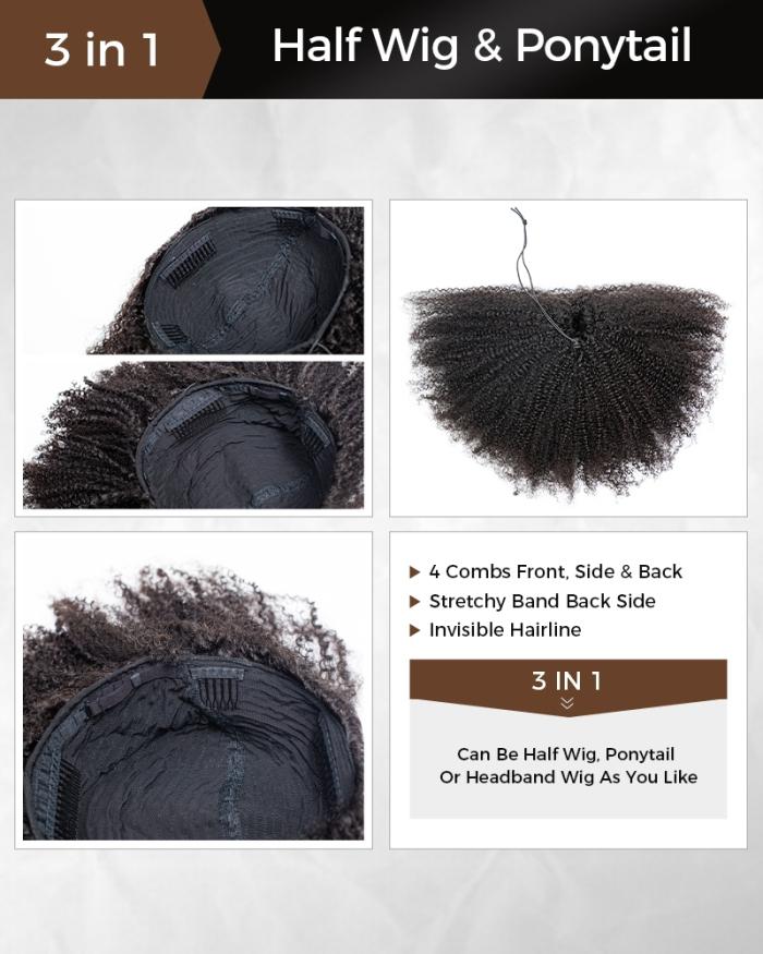 HerGivenHair 4B-4C Type 4 3 in 1 Half Wig Versatile Cap Drawstring Ponytail Half Wig For Natural Hair Black Girls