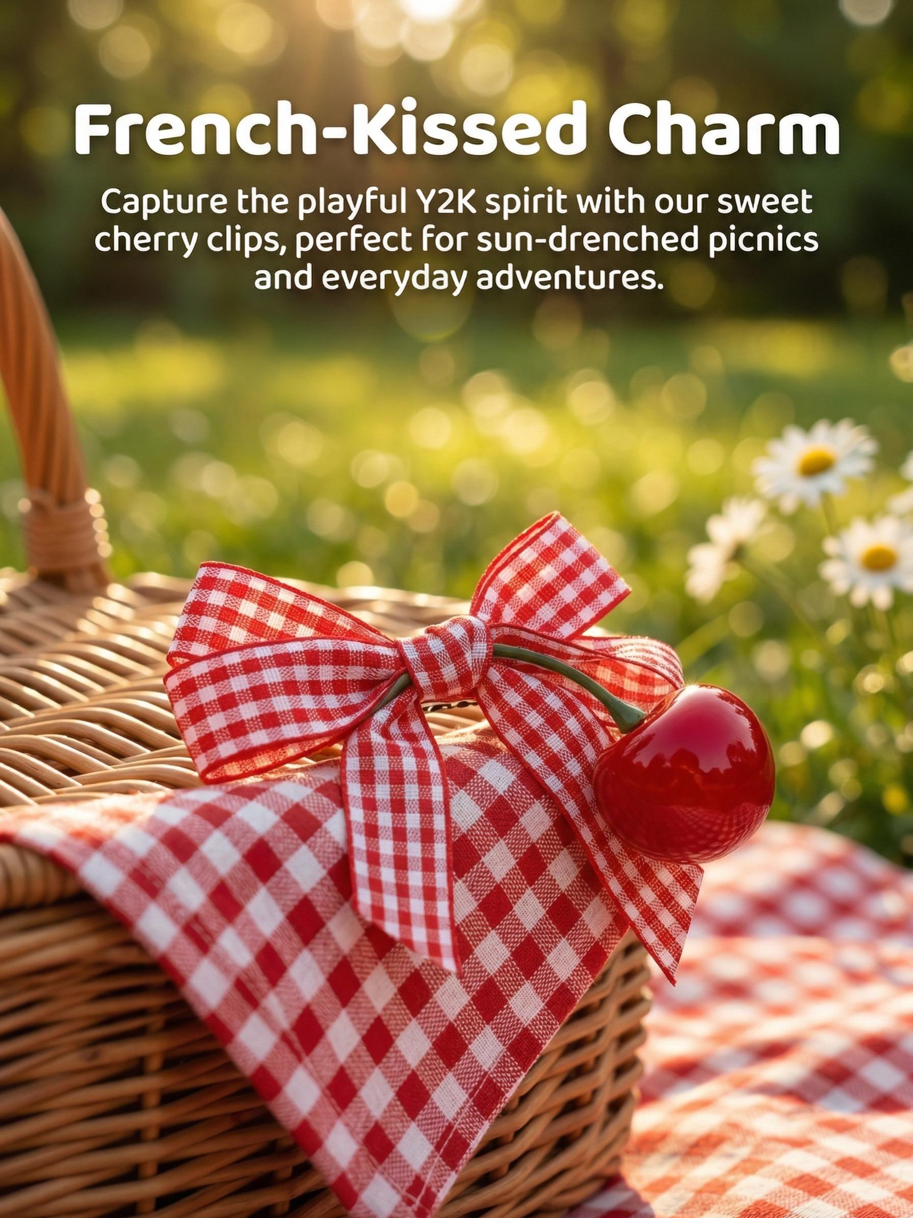 2pcs - French sweet cherry bow hair clips set, includes duckbill clips, women's hair clips, Y2K style for women & kids. Perfect for daily dates, picnics, photoshoots, school wear and festival parties.