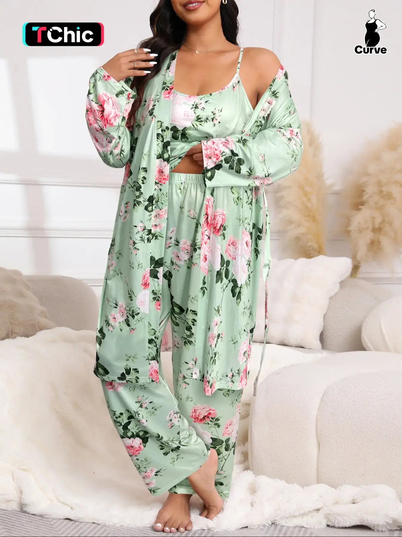 [Plus Size] Floral Print Belted Long Sleeve Dressing Gown & Cami Top & Pants Pajama Set Pjs, Elegant Comfy Chic Loungewear Set, Women's Breathable Sleepwear, Casual Fitted Nightwear for All Seasons, Printed Sleepwear Pajamas