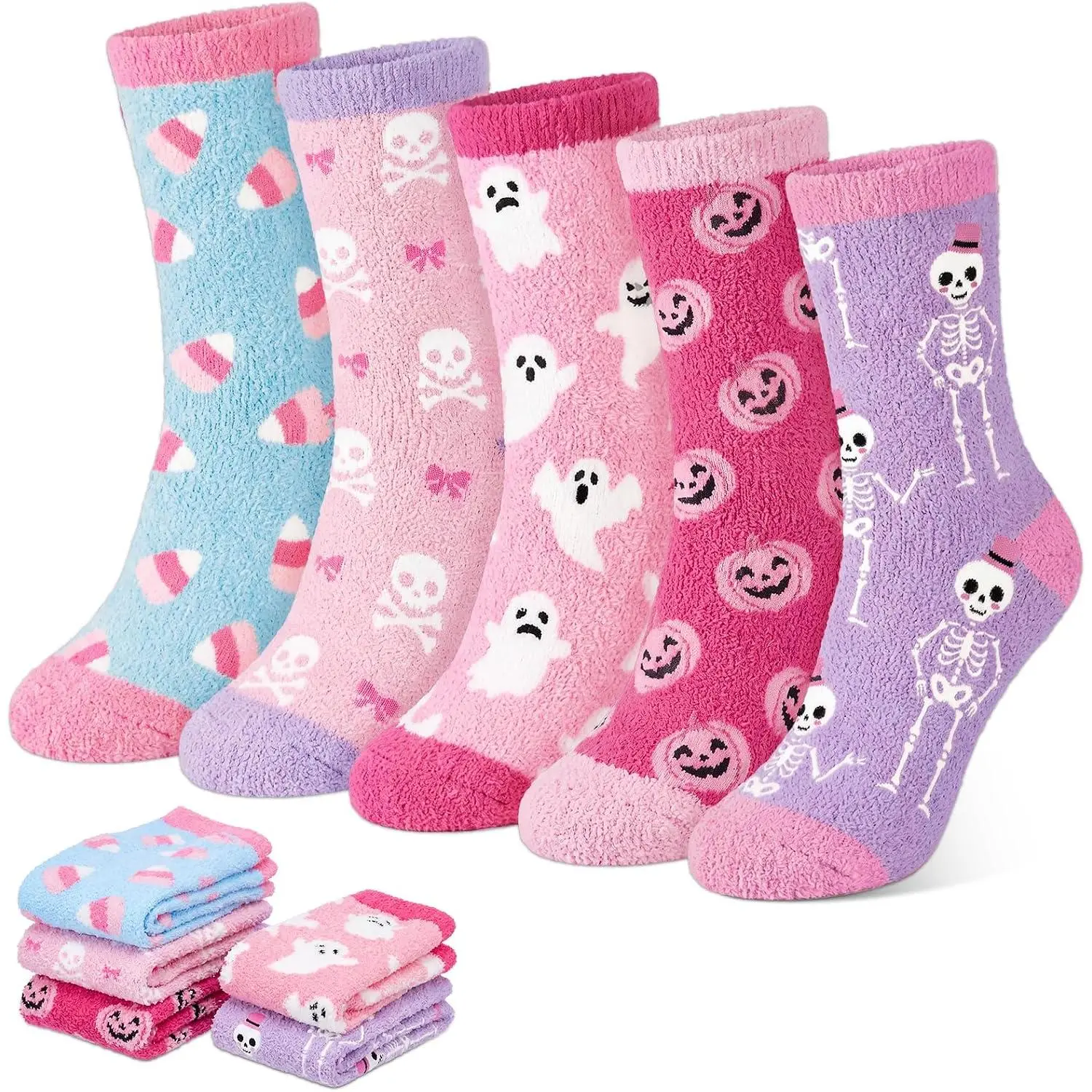 5 Pairs Pink Halloween Fuzzy Socks Pastel Fluffy Socks for Women