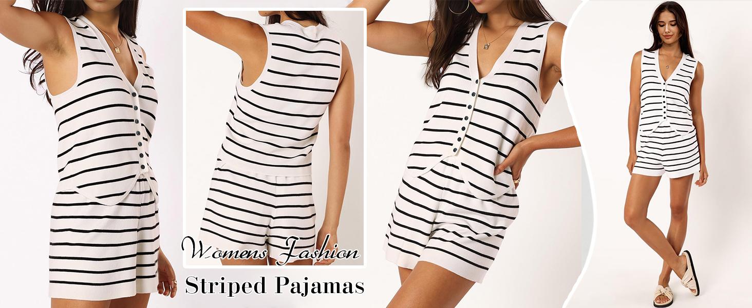 ARTFREE Womens 2 Piece Outfits Summer Striped Casual Lounge Sets Knit Sleeveless V Neck Tops Short Sets ARTFREE Womens 2 Piece Outfits Summer Striped Casual Lounge Sets Knit Sleeveless V Neck Tops Short Sets
