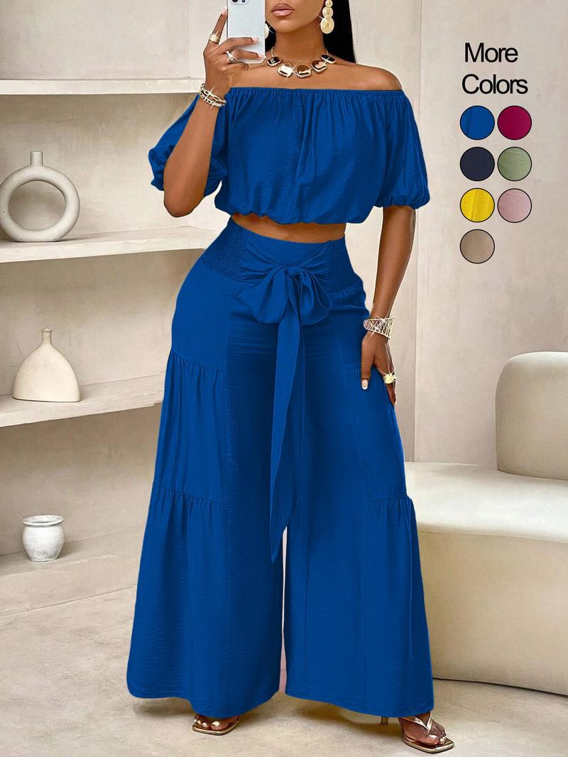 Women's Solid Color Top & Wide Leg Pants Set, Casual Off Shoulder Top & Palazzo Pants for Summer, Ladies Clothes for Beach Holiday Vacation, Womenswear