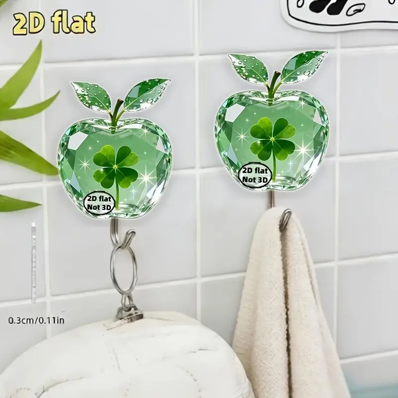 2pcs Set of 2D Flat Acrylic Auxiliary Hooks, Decorated with Fresh Four Leaf Clover Crystal Green Apple Pattern Self-adhesive Hooks, Suitable for Kitchen, Bathroom, Room Decoration, Hanging Storage, Decorative Wall Hooks, Perfect for Decoration