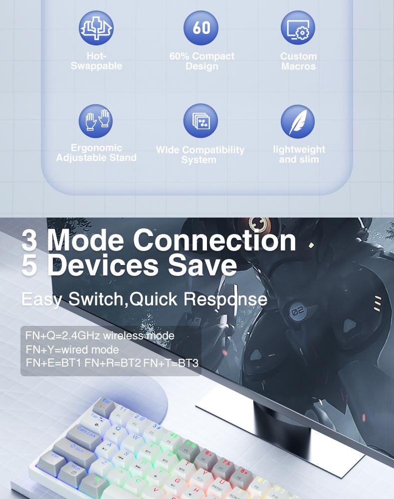 Solakka SK961 wireless mechanical keyboard, 60% keyboard, three-mode connection RGB backlight, programmable wireless gaming keyboard, gaming office, birthday gift FallFreshness