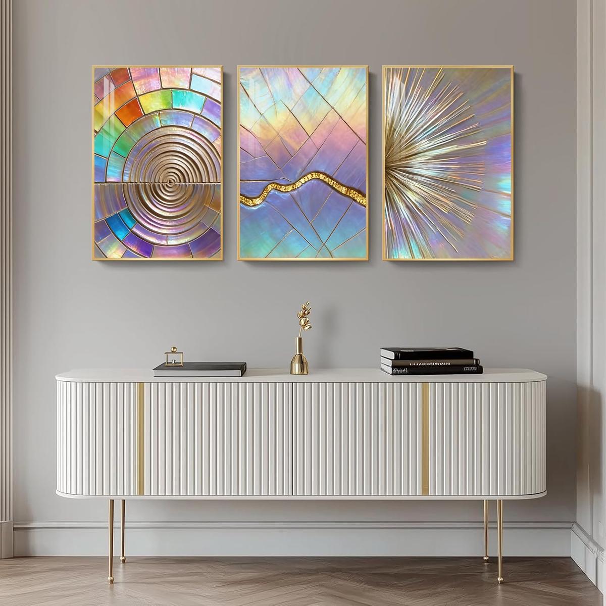3 Counts Aluminum Alloy Framed Painting, Iridescent Abstract Geometric Art, Home Decoration For Living Room, Bedroom, Office, Restaurant, Hallway Wall Decor, Odorless Print Artwork, Luxury Perfect Gift For Friends And Family