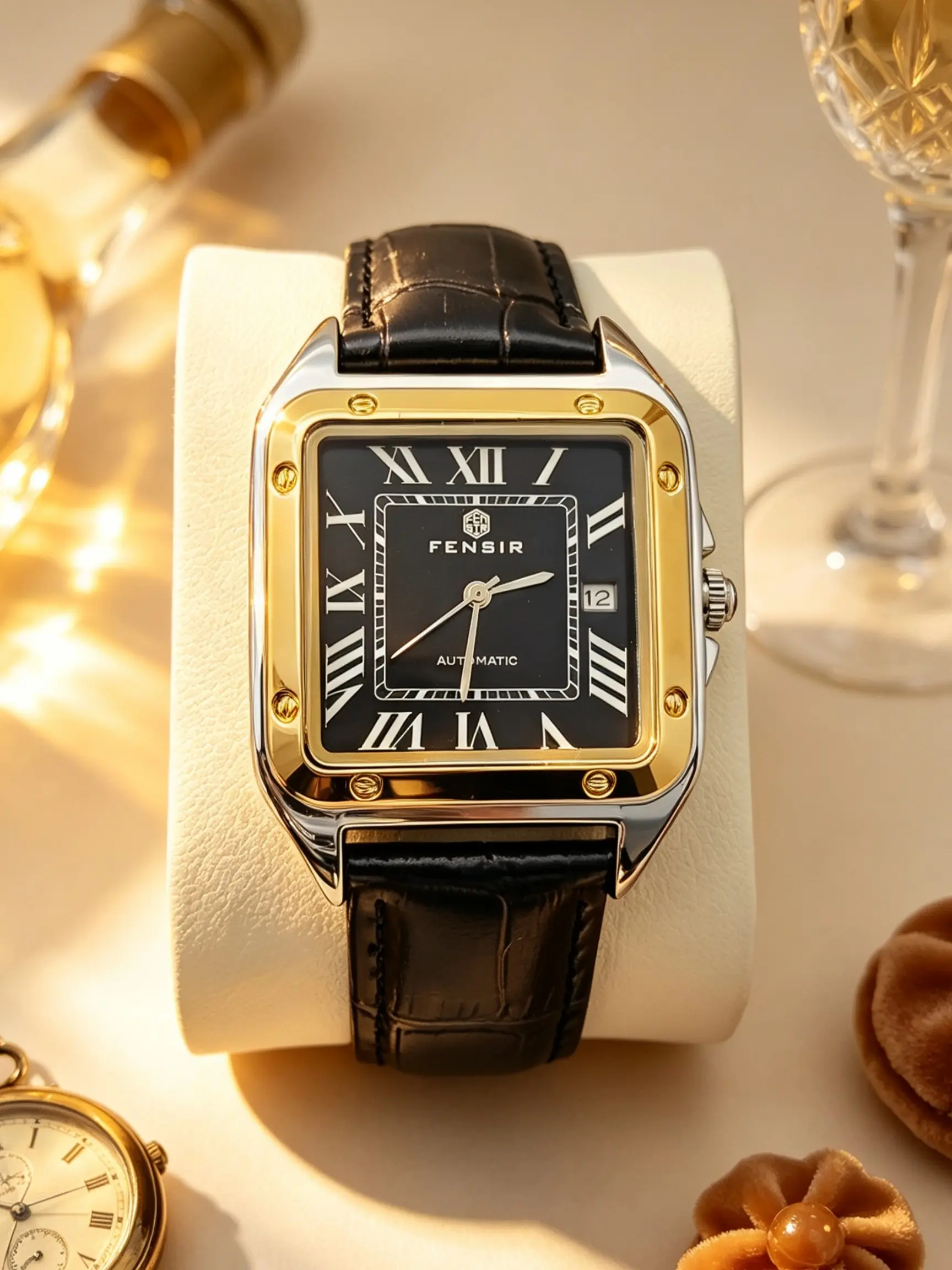 Vintage Square Men's Watch, Roman Numerals Calendar, Waterproof Business Casual Leather Strap, Automatic Quartz Movement, Blue Dial
