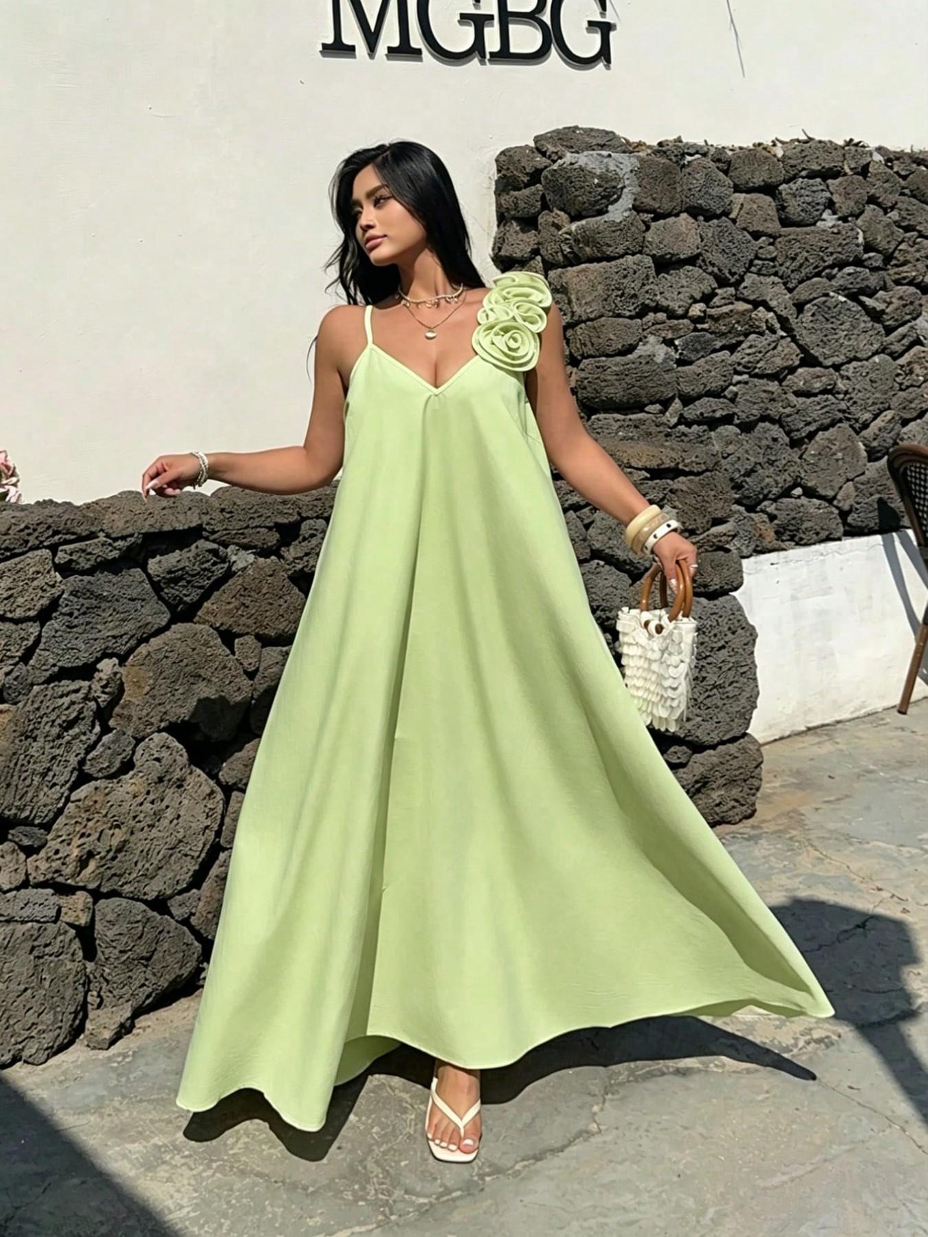 Pastel Light Green Floral 3D Rose Slip Maxi Dress, Flowy Lightweight Sleeveless Long Gown, Summer Boho Bohemian Vacation Outfit, Elegant Beach Garden Wedding Guest Dress
