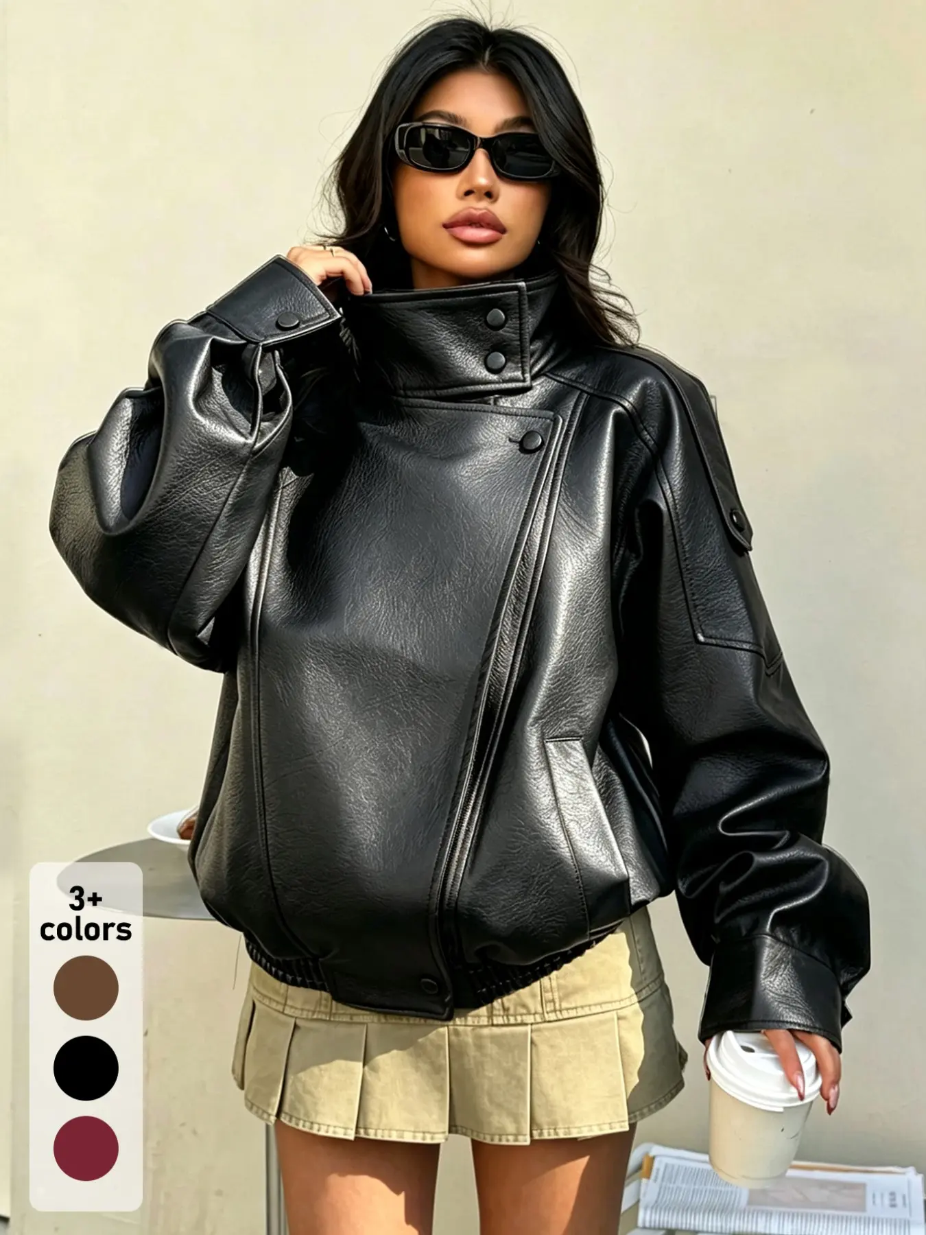 Women's Black Y2K Oversized PU Leather Moto Jacket, Asymmetrical Zip-Up Design with High Stand Collar and Snap Details for Fall and Winter