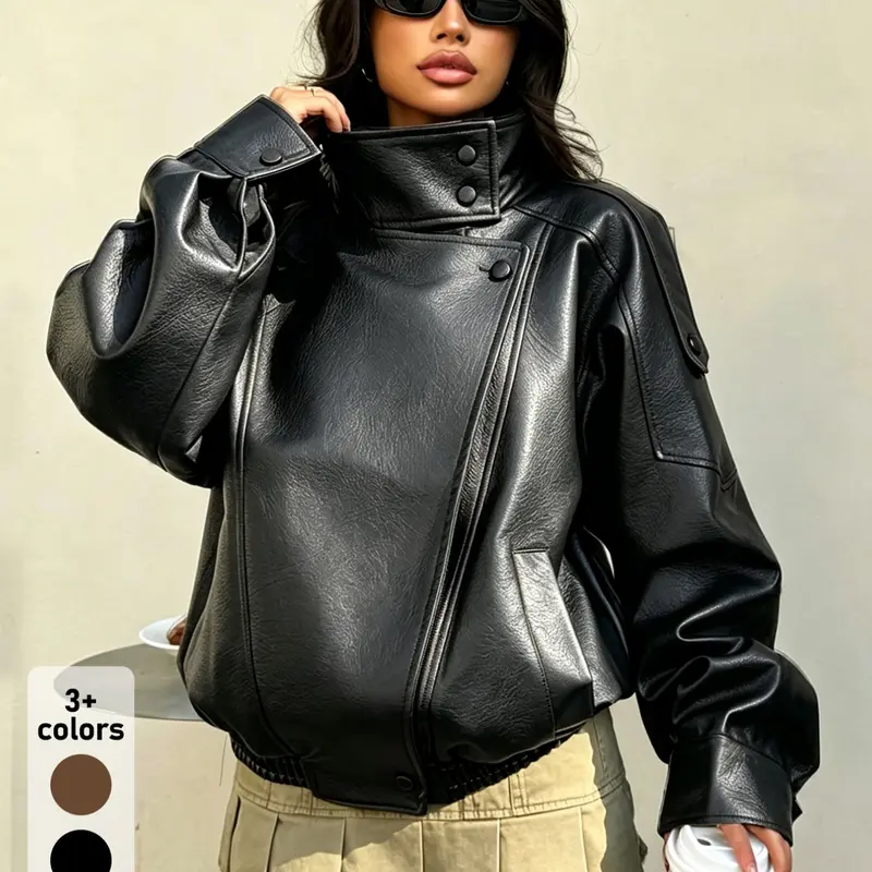 Women's Black Y2K Oversized PU Leather Moto Jacket, Asymmetrical Zip-Up Design with High Stand Collar and Snap Details for Fall and Winter