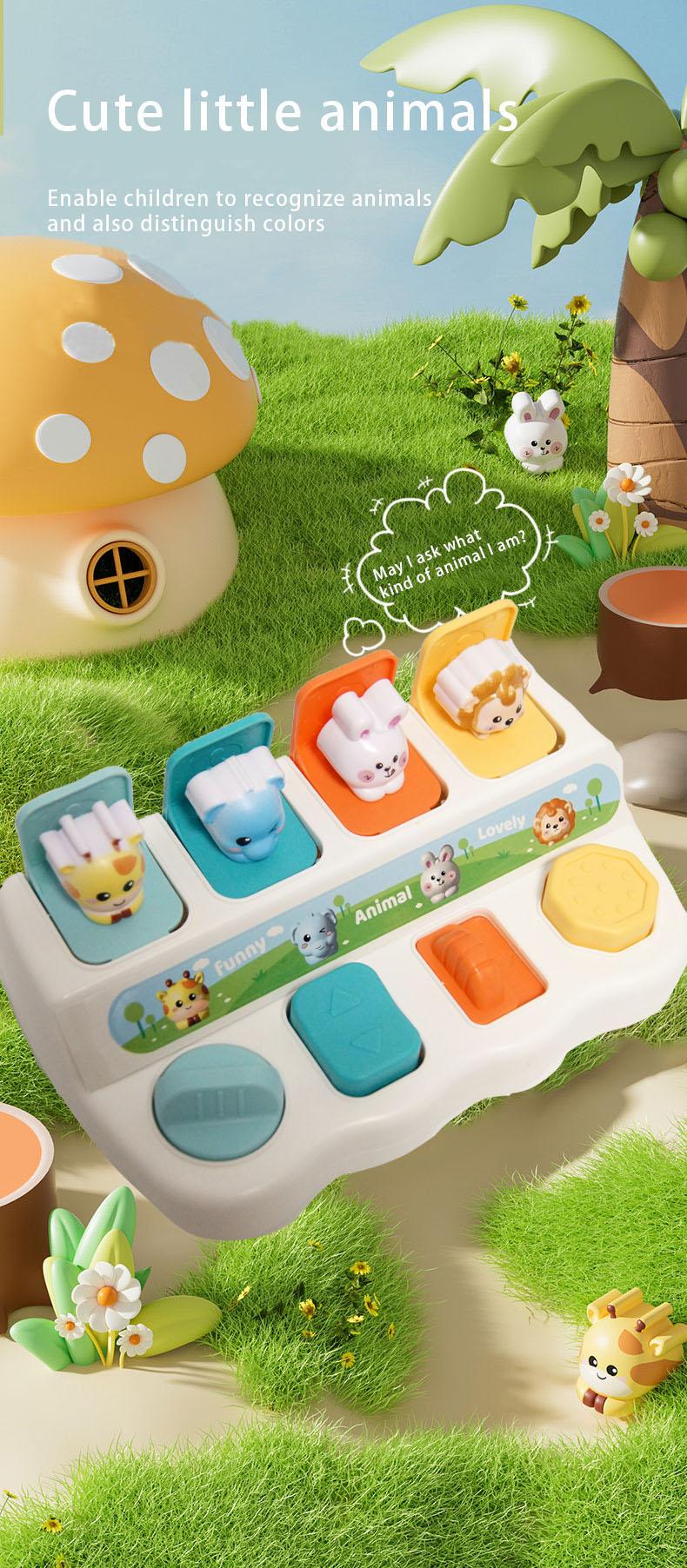 Baby Pop-Up Animal Toy with Buttons, Cause and Effect Toy for Logic and Memory Training, Interactive Montessori Toy for Kids
