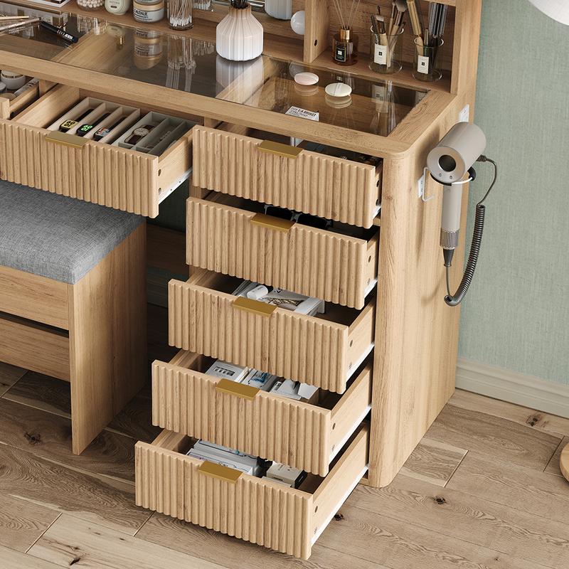 FUSOU 47'' W Fluted Vanity Desk, Makeup Vanity with Power Oultlet, 7 Drawers Vanity with 10 LED Lights and Mirror, 3 Lighting Modes Adjustable, Glass Top, Vanity with Chair for Bedroom, Natural