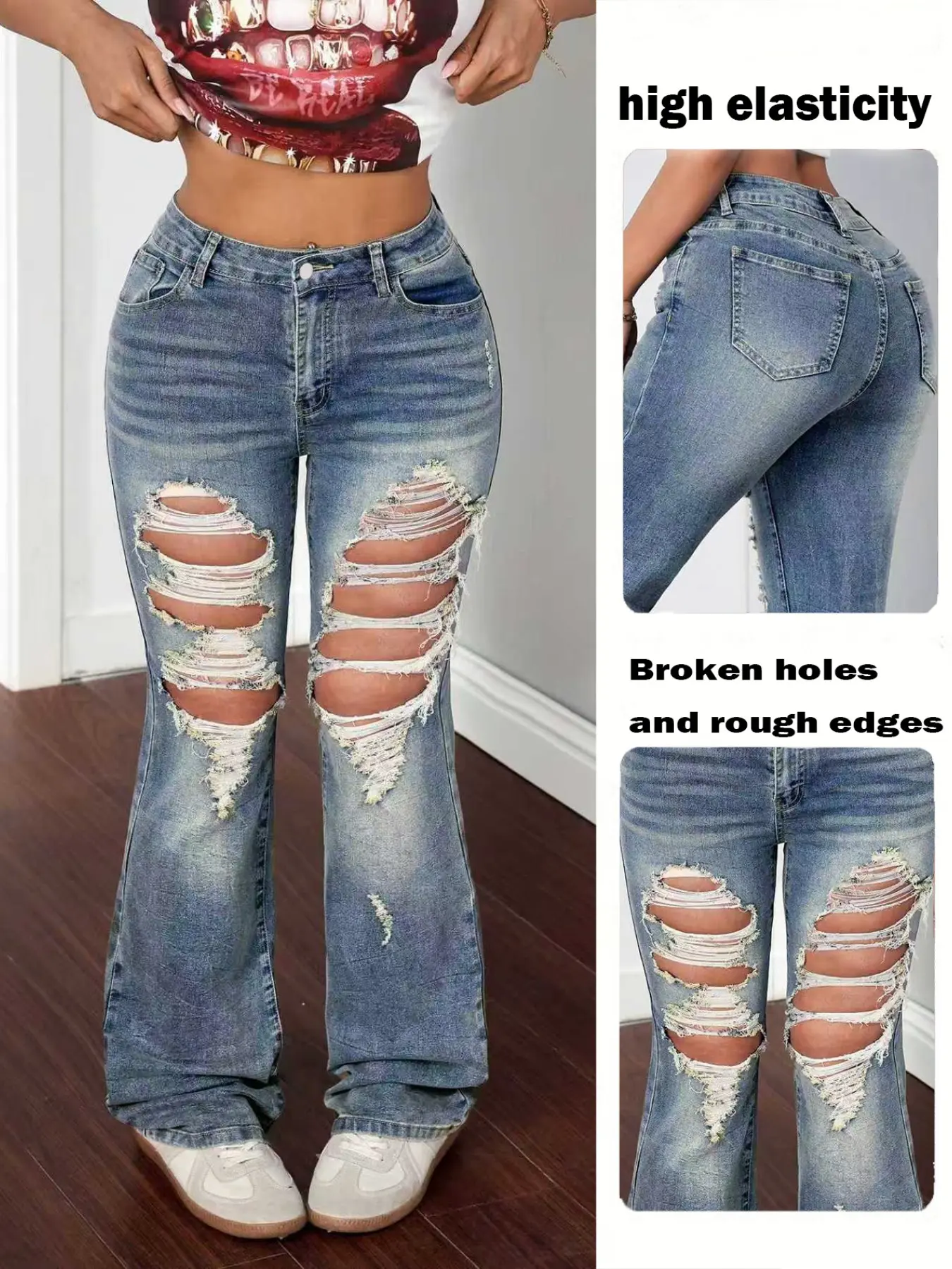 Vintage Style High Stretch Ripped Jeans for Women, Casual Streetwear Daily Wear Flared Pants, Retro Aesthetic Denim Bottoms for Everyday Use
