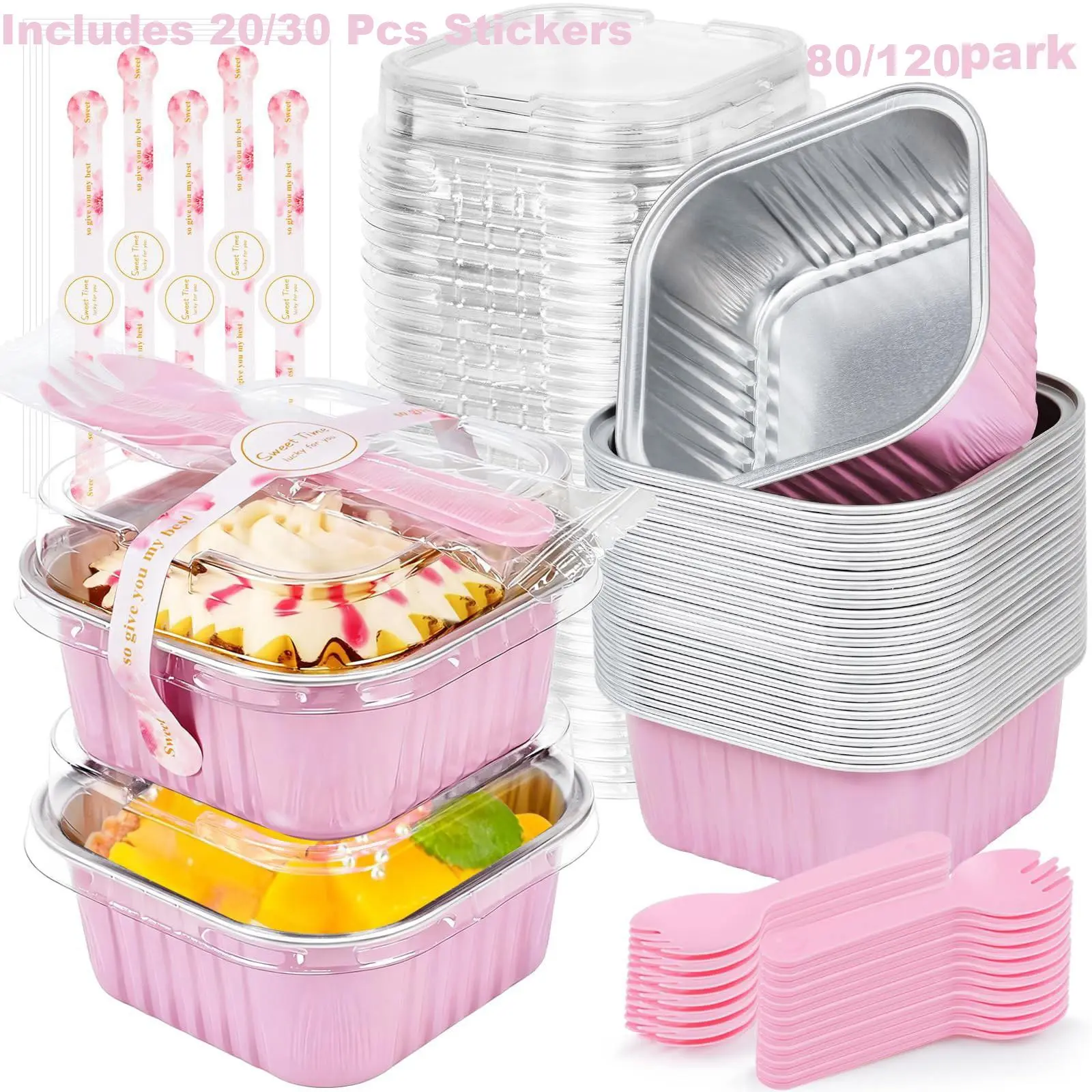 80/120 Mini Cake Molds with Lids and Spoons, 5oz Square Aluminum Brownie Baking Cups, Small Cake Molds for Weddings Birthdays Parties, Baking Supplies (pink)